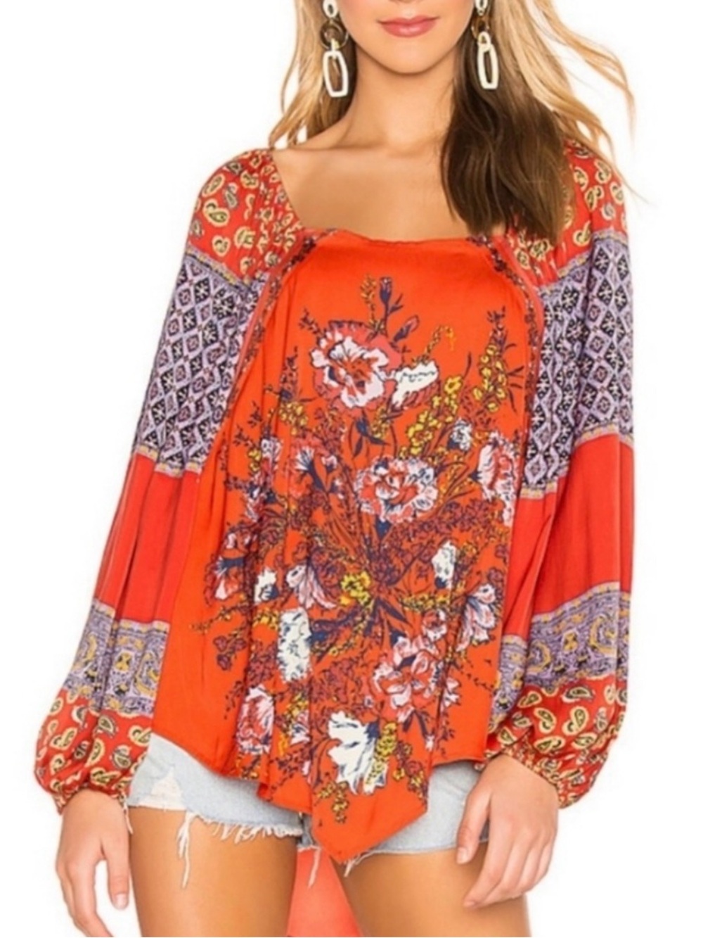 Free People Red Floral Boho Tunic Top